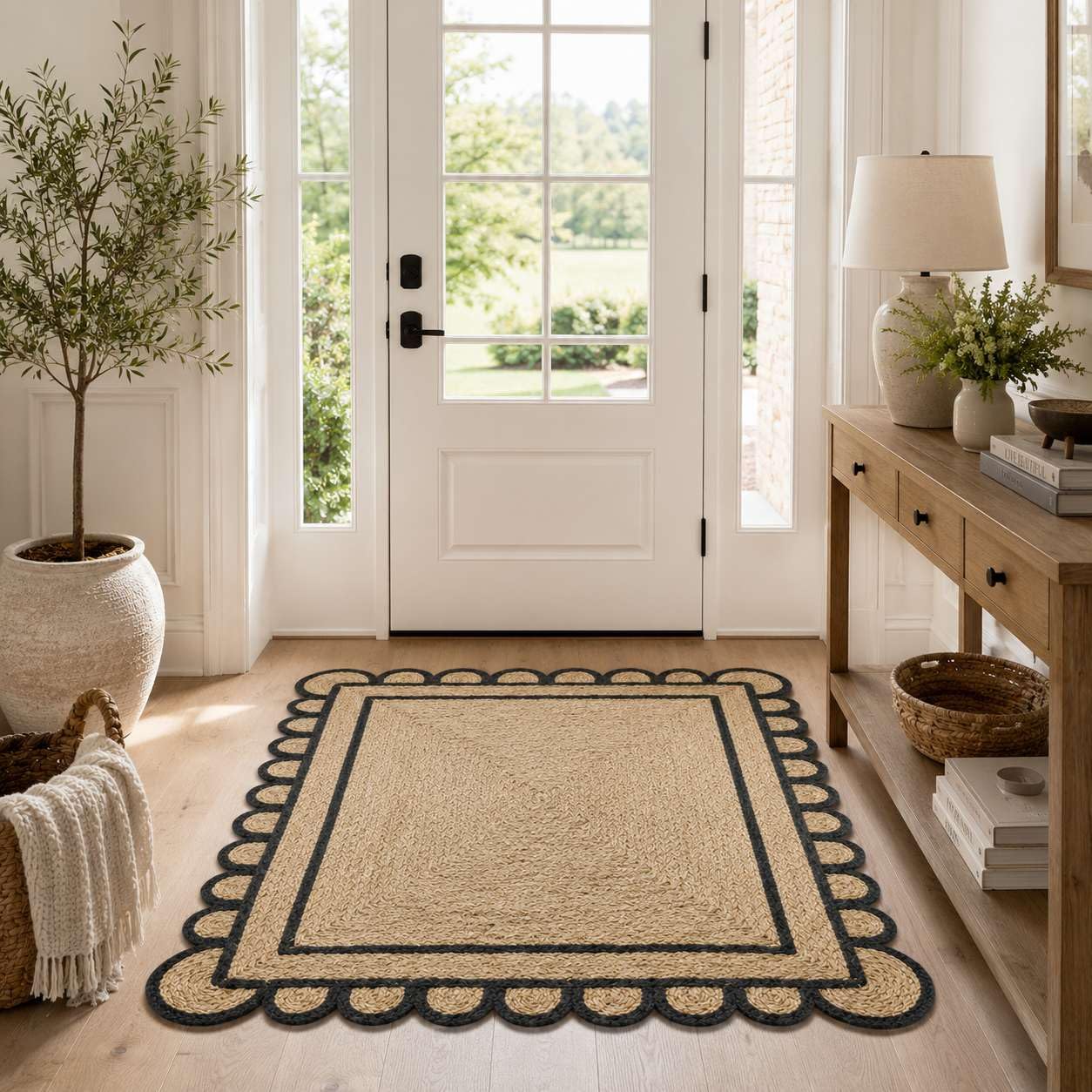 Scalloped Natural Jute Area Rug 3x5 Ft, Boho Rug with Black Trim & Non Slip Backing for Entryway, Living Room