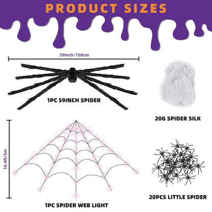 Kendane Halloween Decorations Outdoor and Indoor,250 LED Halloween Spider Web Light Decorations with 59" Giant Spider & 20g Stretch Cobweb,200" Large Light Up Spider Web for Yard(Purple)