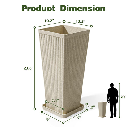 Trygoal Square Tall Planters for Outdoor Plants Set of 2-23.6" Heavy-Duty Classic Tapered Indoor Flower Pots with Drainage Holes/Partition/Tray, Large Outdoor Planters for Porch Patio, Beige Cream