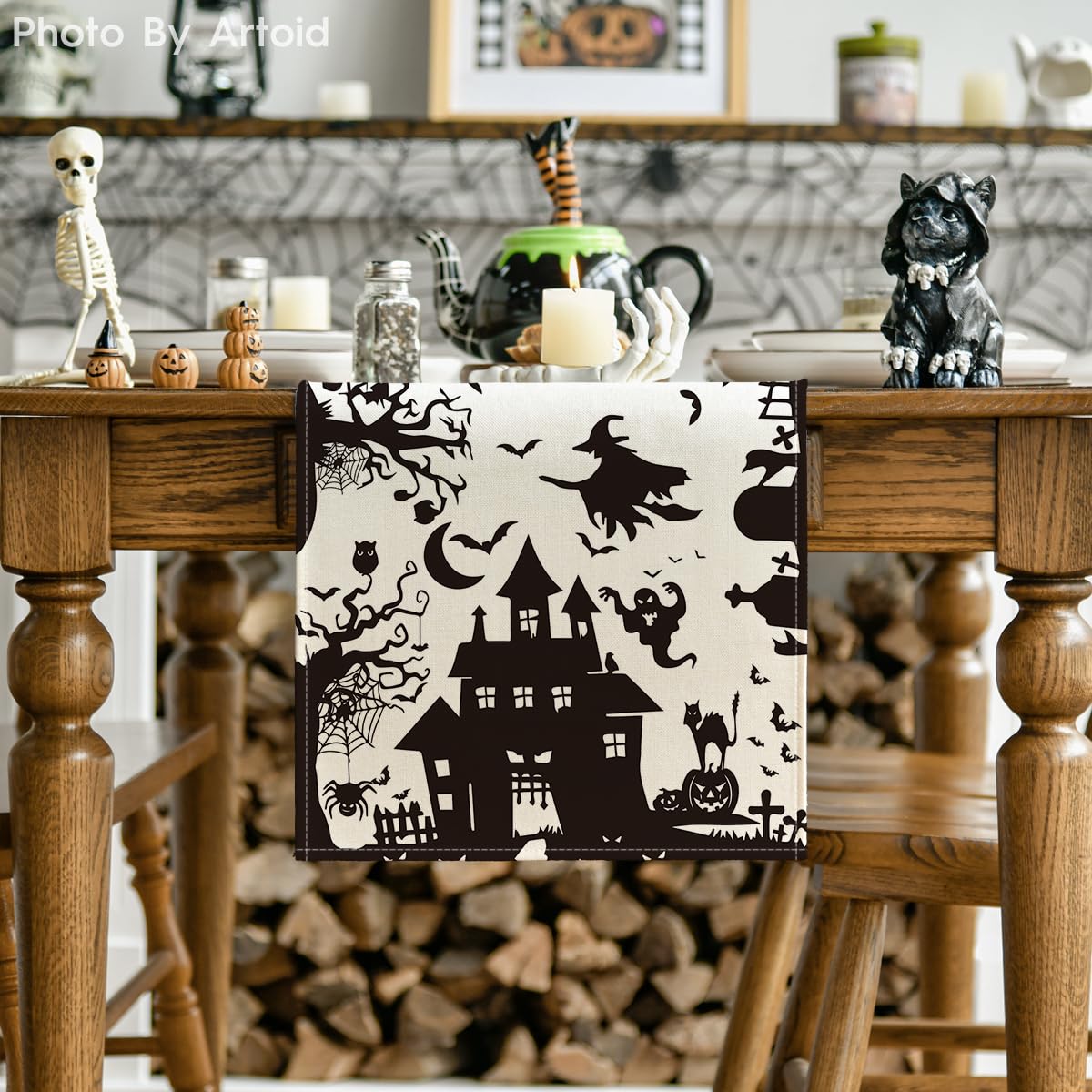 Artoid Mode Black White Spooky Haunted House Tree Ghost Witch Halloween Table Runner, Kitchen Dining Table Decoration for Home Party Decor 13x90 Inch