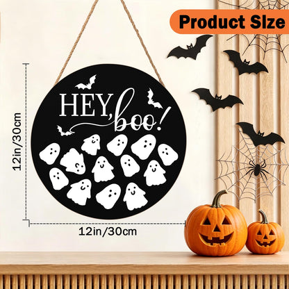Hey Boo Sign 12x12 Inch Halloween Wreaths for Front Door Halloween Ghost Wood Door Hanger Black Boo Sign Farmhouse Holiday Decorations Wall Hanging Plaque for Trick or Treat Party Inside Outside