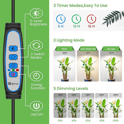 Aokrean Plant Grow Light, 80LED Growing Light Full Spectrum for Indoor Plants, Height Adjustable 10"-65", Auto Timer 6/12/16H, 3 Optional Spectrums, Idea for Large Plant Light, 5V, Black, 1 Pack