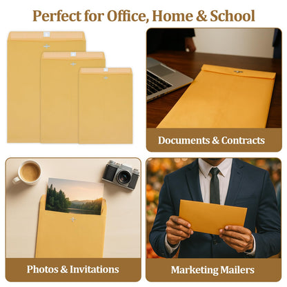 3 Sizes Clasp Envelopes Security Mailing Envelopes with Metal Clasps Kraft Paper Envelopes for Office, School, Home, Shipping Documents, Photos, Mailers (24 Packs)