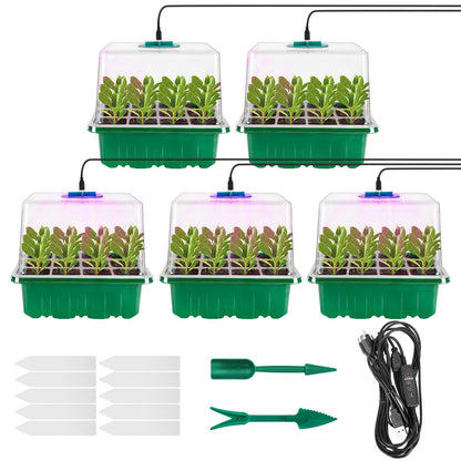 Tuidshui Seed Starter Tray with Grow Lights 5 PCS Kit Humidity Dome Adjustable Brightness Timer Controller 8 LED Seedling Trays with Tall Lid Mini Greenhouse for Staring Seedlings