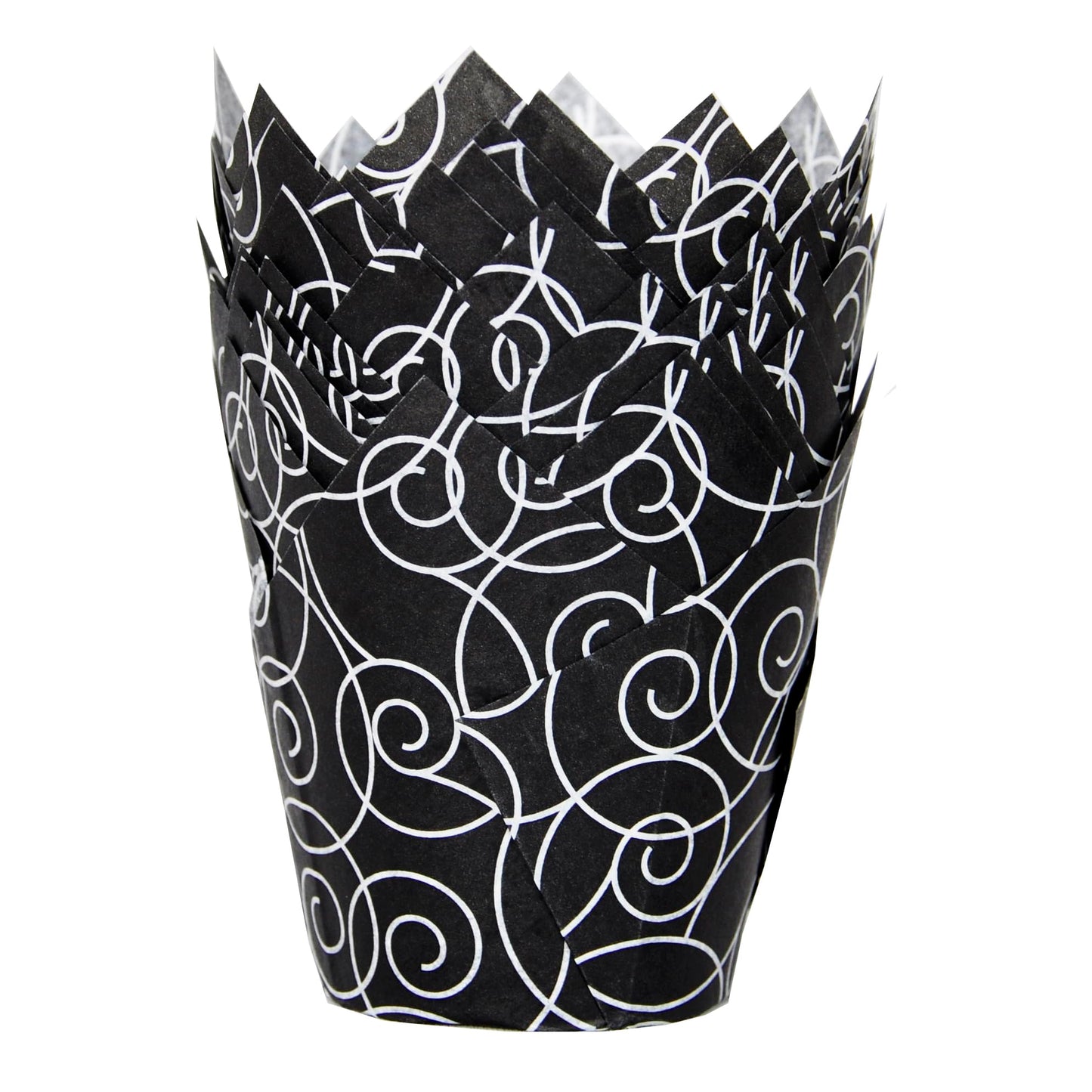 QLSmypkg Muffin Greaseproof paper Baking cupcake cups, 2"(Bottom diameter) x 3-1/2"(Height) Black Fancy Floral Print Tulip Baking Cup Case of 125 pcs (125, Standard)