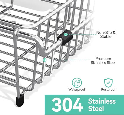Urackify Dish Drying Rack in Sink, 304 Stainless Steel Expandable (15.35"-23.23"L) Over the Sink Dish Rack with Utensil Holder for Compact Kitchen, Space - Saving Dish Drainer for Inside Sink, Silver