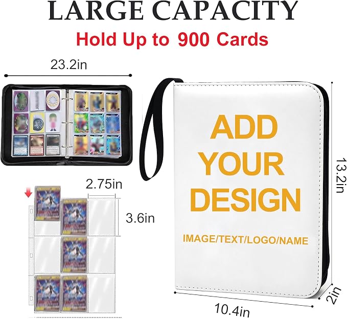 900 Pockets Custom Card Binder, DIY Anime Sports Cover Design, Portable Waterproof Storage Album with Removable Sleeves for Baseball Football Soccer One Piece Cards Collectors