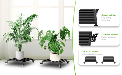 Zhongma 2 Pack 16" x16"x 3.5"H Square Plant Caddy with Wheels, Fully Assembled, Heavy Duty Construction, 300 Lbs Capacity, Load-Bearing Wheels with Brakes, No Installation Required