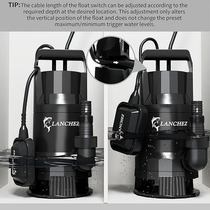 LANCHEZ 1.6HP 6000GPH Sump Pump, High Flow Submersible Water Pump with Float Switch, Automatic Transfer Water Pump for Swimming Pool Basement Flooded Pit Sewage Sink Tub, Black