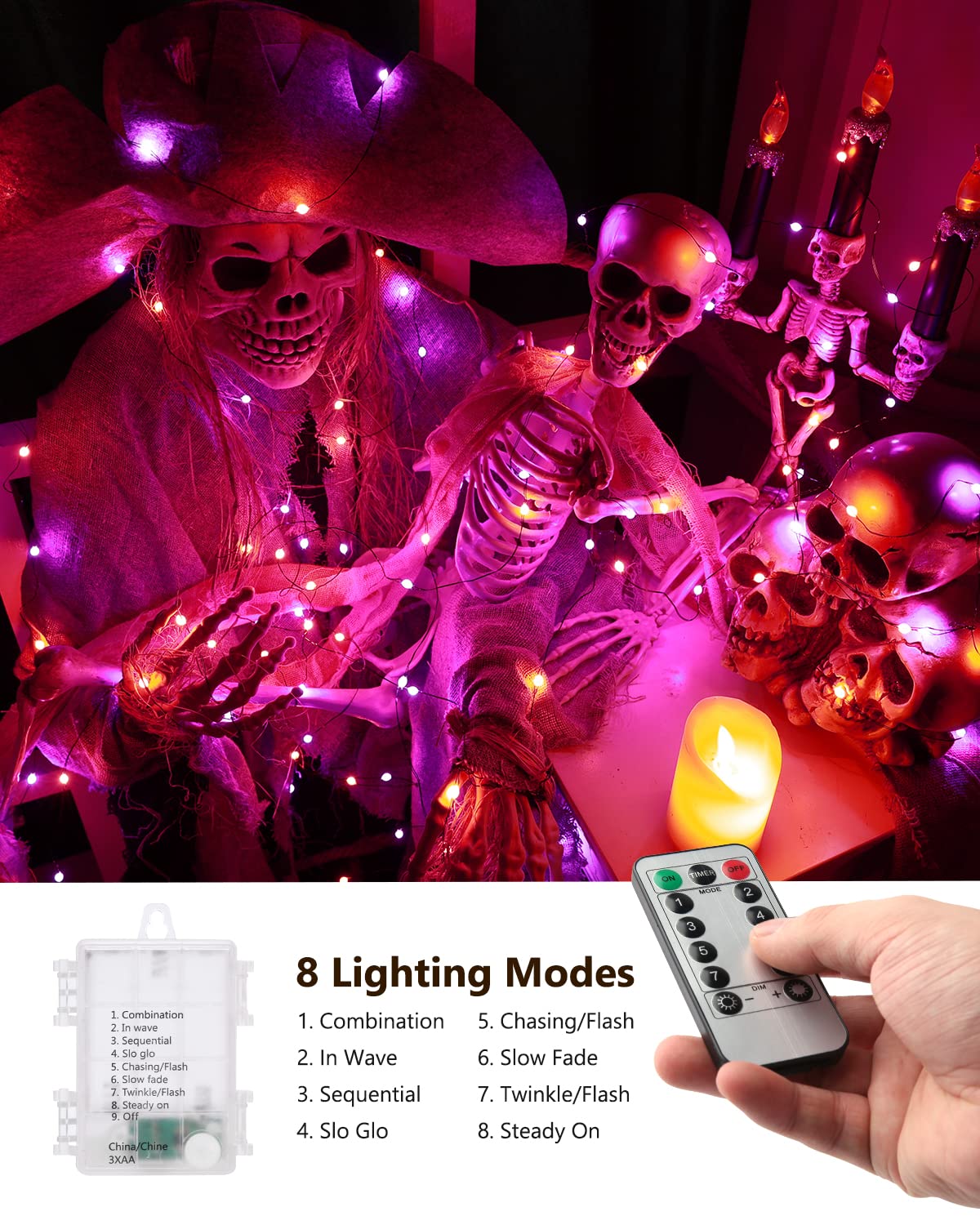 ODEETRONIC Orange Purple Halloween Lights, 2 Pack 16.4ft 50 LED Orange Fairy Lights String, 8 Modes Battery Operated Purple Twinkle Tree Lights with Remote Timer for Party Home Indoor Outside Decor