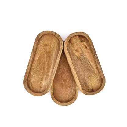 Kimona Platters Mango Wood Set of 3 Elegant Platters for Home Décor Cheese Board for Food, Bathroom, Home Décor (9" X 4" X 0.75")