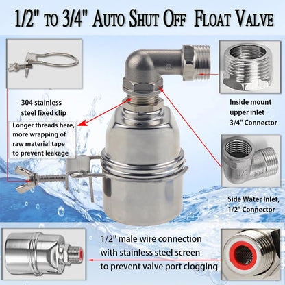 Automatic Water Level Control Valve, 3/4 to 1/2 Inch Float Ball Valve, Float Valve, 304 Stainless Steel Water Level Control Float Valve for Tank, Swimming Pool, Pond, Fish Tank, Livestock Troughs.