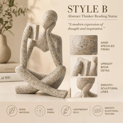 LINZHEN Bookshelf Decor Thinker Statue, Sand Abstract Reading Figurine Style B, Resin Decorative Bookend for Coffee Table, Shelf, Home Office, Library, Gift for Book Lovers
