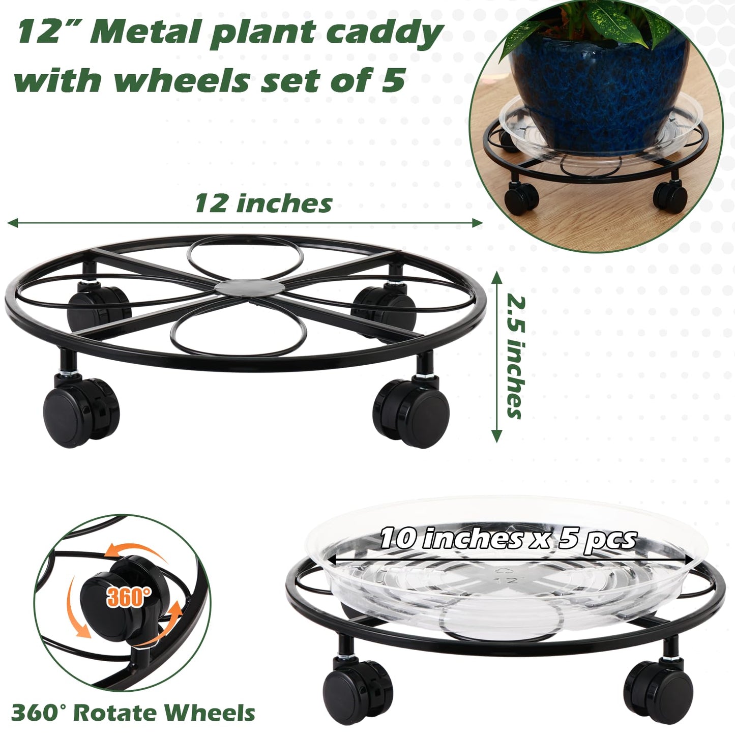 DEELF OUTLET 5 Packs 12 inches Large Metal Plant Caddy with Wheels Round Planter Dolly Pot Mover Rollers Wrought Iron Rolling Plant Stands Indoor Outdoor Wheeled Plant Holder Coaster Trolley, Black