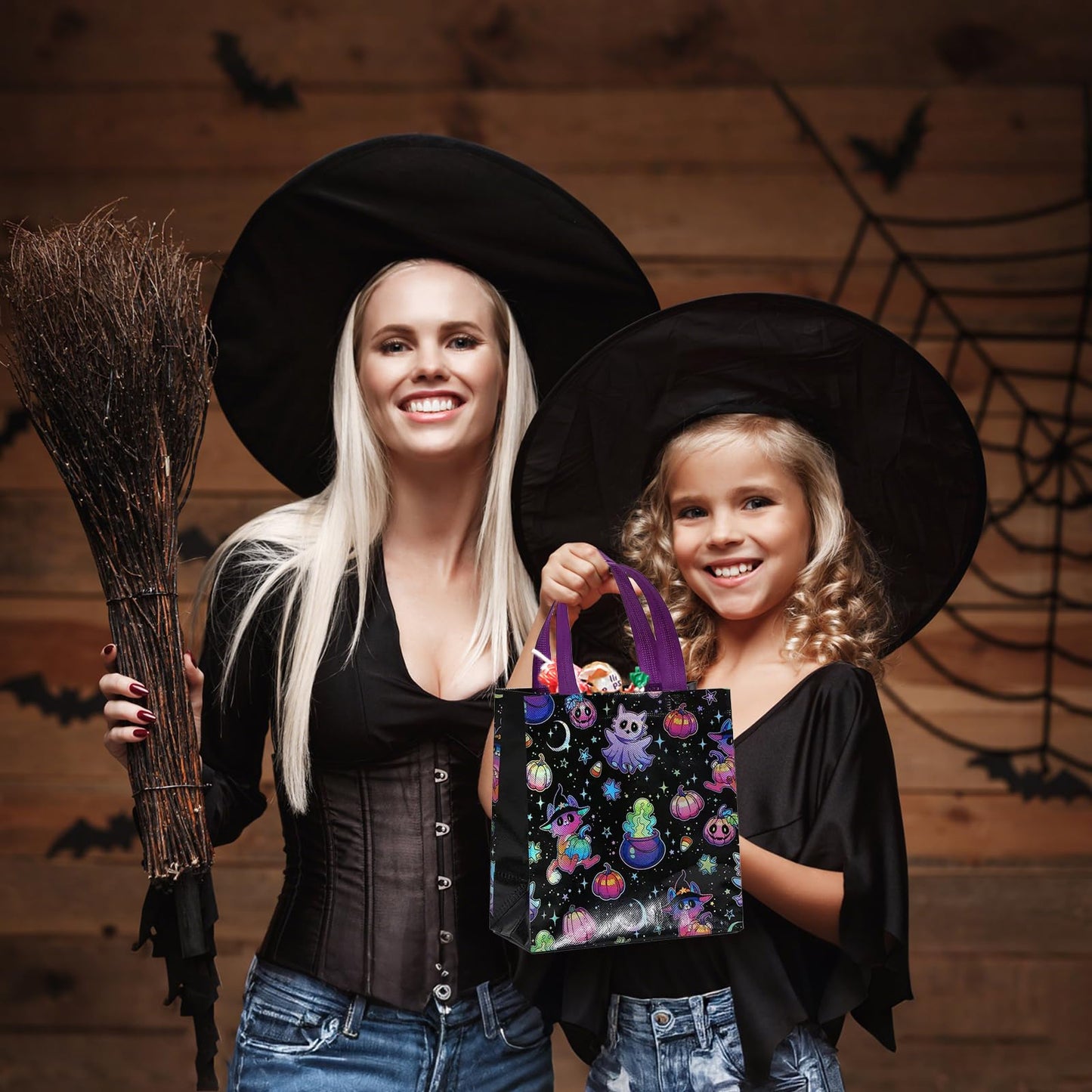 12Pcs Halloween Treat Bags, Medium Halloween Tote Gift Bags with Handles, Reusable Non-woven Bag for Candy Goodies Cookies Snacks, Trick-or-Treat or Horror-themed Party Favors Supplies(8.66 x 4.33 x 9.06 in)