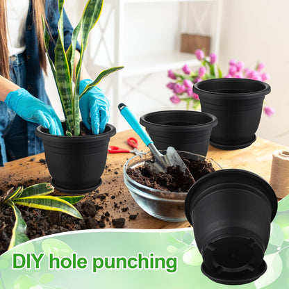 Sunnychicc 12 Pack 10'' Plastic Plant Pots Round Planter Pots with Saucer Tray Seedling Pot Hole Seed Resin Plant Pot Starting Nursery Flower Container with Pallet for Garden Outdoor Indoor(Black)
