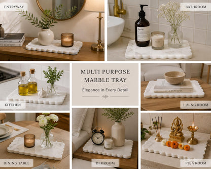 Natural Multi-Purpose Marble Charcuterie & Cutting Board with Scalloped Edge Chopping Board Decorative Vanity Bathroom Kitchen Tray Non-Slip Bumper Scratch Proof Home Decor Perfume Display 12"x6"