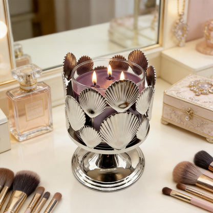 Silver Shell Pattern 3 Wick Candle Holder, Fits 4 Inch Diameter Jar Candles, 4.3" D x 5.9" H Decorative Candle Stand for Home, Living Room, Bedroom, Office & Gifting
