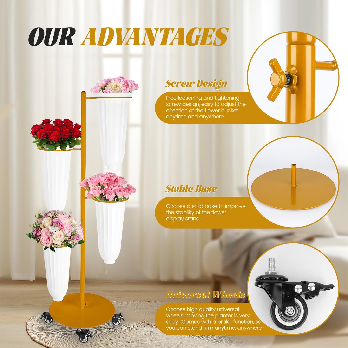 LEALIBAUSS Metal Flower Bar Stand With 4 Buckets Flower Cart Display Stand with Wheels Floral Bar for Wedding,Garden Events Party Decor (GOLD)