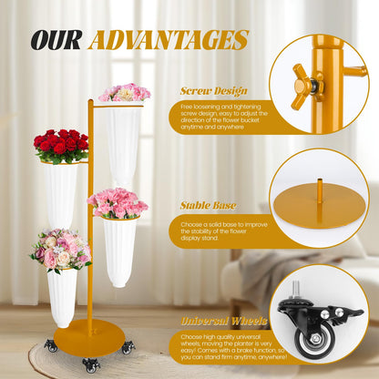 LEALIBAUSS Metal Flower Bar Stand With 4 Buckets Flower Cart Display Stand with Wheels Floral Bar for Wedding,Garden Events Party Decor (GOLD)