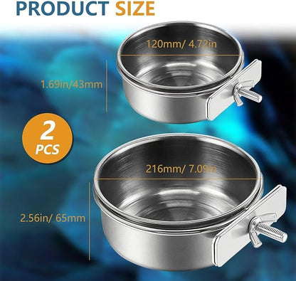 2Pcs Stainless Steel Bird Feeding Bowls, Small Bird Feeding Cup, Stainless Steel Parrot Food Bowl Cage with Holder, Parrot Cage Water Feeder, Pet Cage Cup Holder (Dia 7.09", 4.72",)