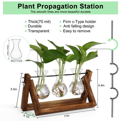 YIBOT Propagation Stations,Plant Terrarium with Retro Wooden Stand, Unique Gardening Birthday Gifts for Women Plant Lovers, Hydroponics Plants Home Office Garden Decor - 3 Bulb Glass Vases