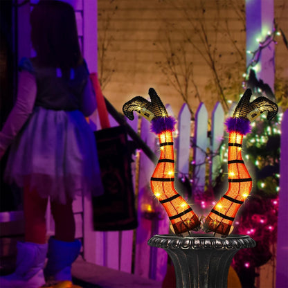Juegoal Set of 2 Halloween Lighted Wicked Orange Witch Legs with Stakes, 22" Light Up Tinsel Halloween Yard Sign Prop Timer & 8 Modes, Battery Operated for Outdoor Party Haunted House Garden Decor