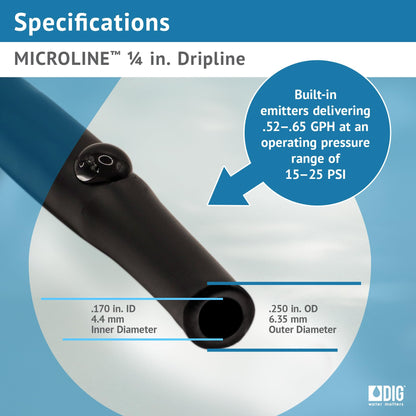 DIG ML-056, 50’, ¼” Microline™ Dripline - Enhanced 6” Emitter Spacing, UV-Resistant, Perfect for Diverse Garden Layouts (Black)