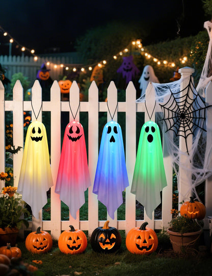 Lightshyer Halloween Decorations Outdoor Indoor 4 Pack Hanging Ghosts Halloween Haunted House Light Up Kit Decor for Tree House Yard Porch Window Bedroom Party