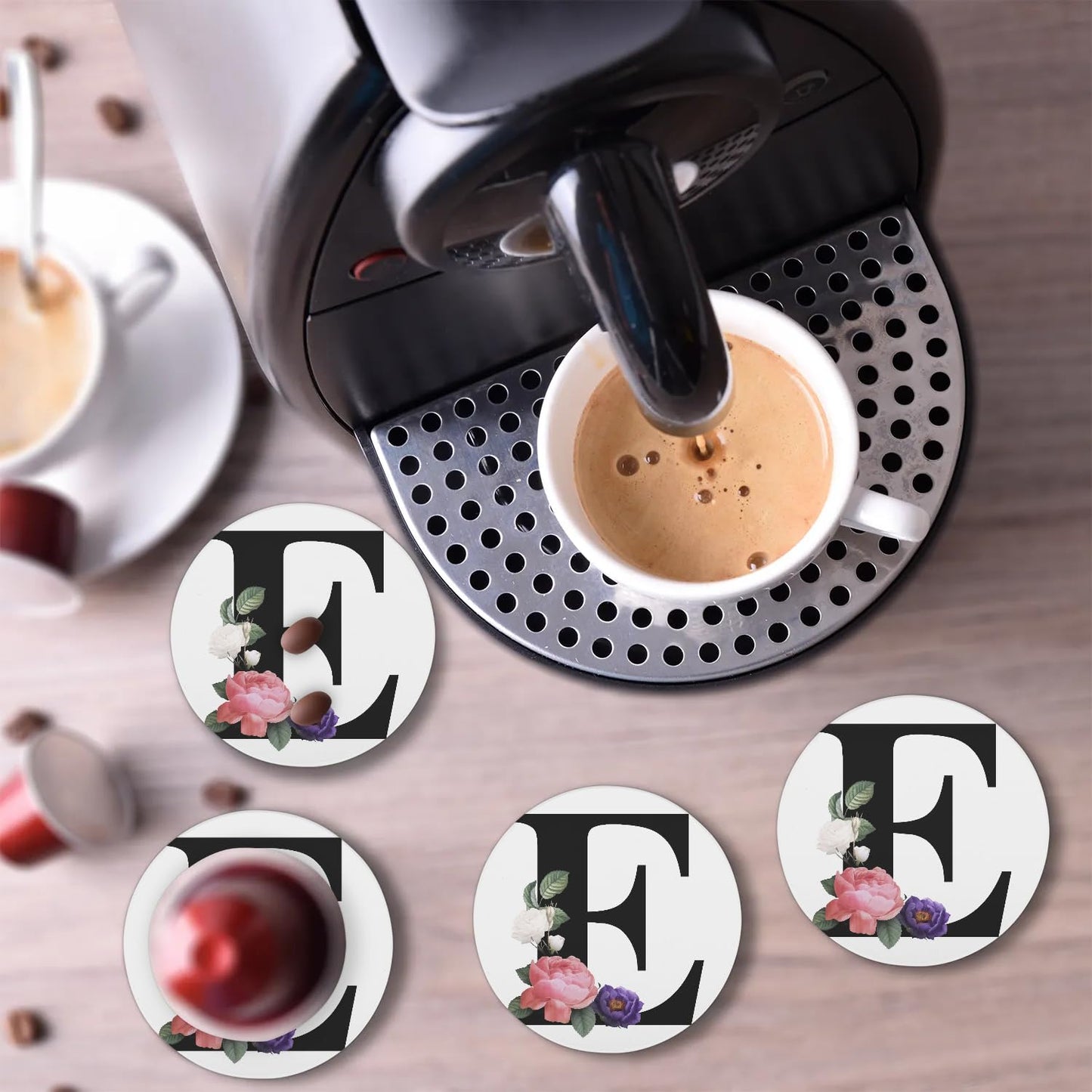 Letter E Coasters Set of 4 Absorbent Ceramic Coasters 4 Inches Round with Cork Base for Drinks Coffee Table Office Summer Outdoor Home Decor