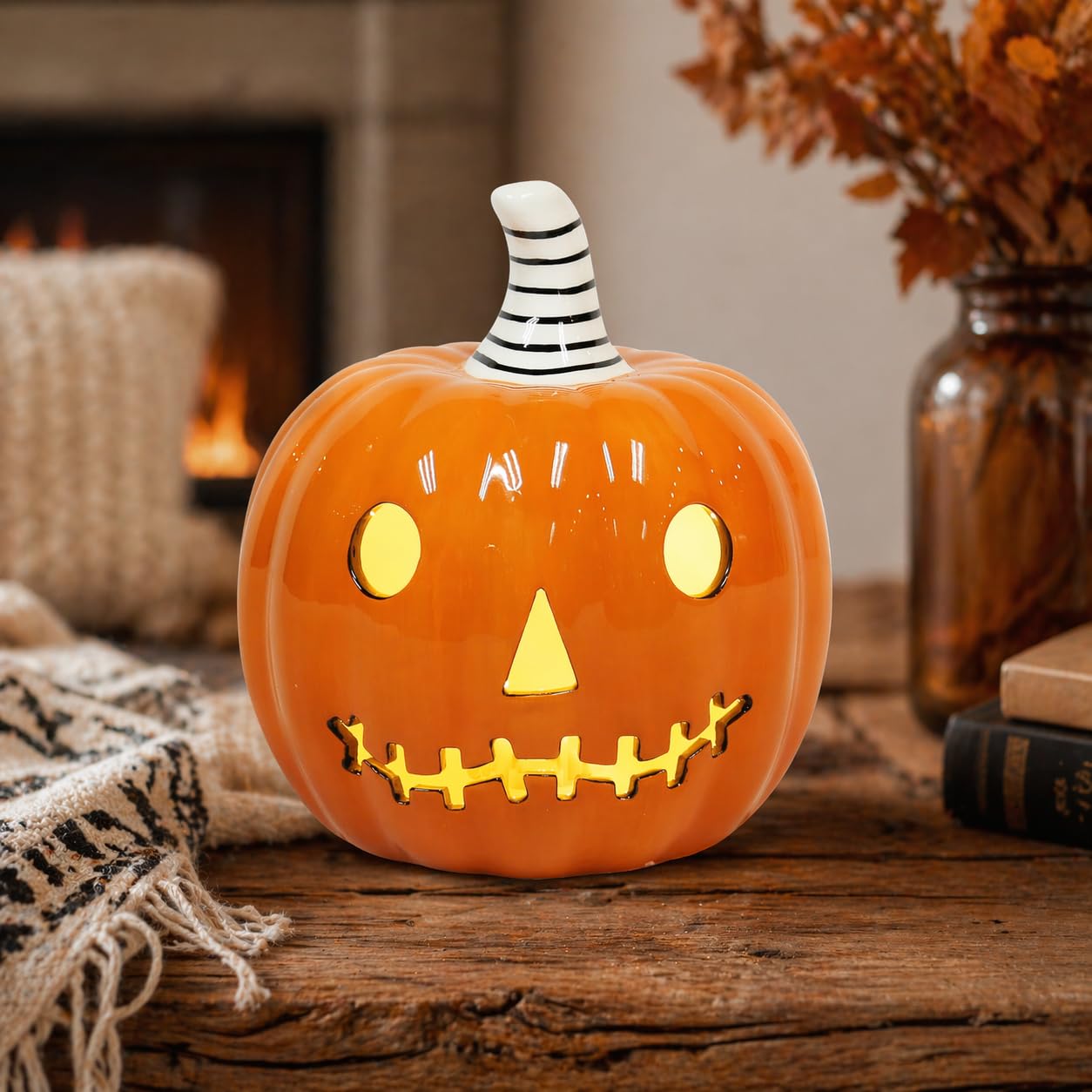 Midnight Manor Halloween LED Lighted Ceramic Jack O Lantern Battery Included (Orange)