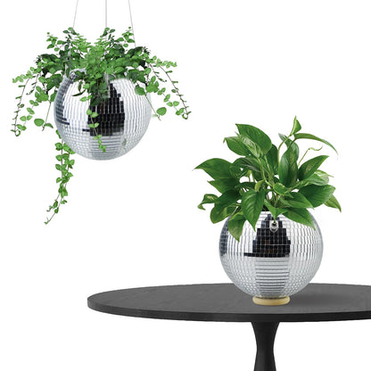 Disco Ball Hanging Plant Pots, Boho Silver Mirror Disco Planter with Chain Hook and Macrame Rope for Indoor Outdoor Decor and Wooden Stand for Desk,Self Watering Insert Pots