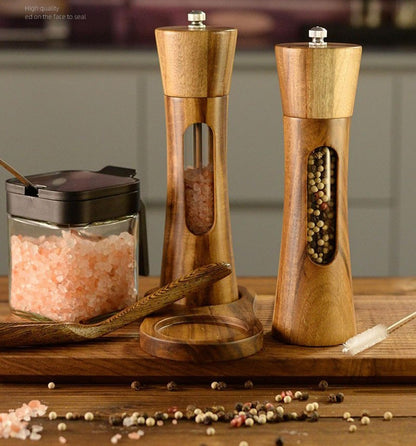 2 Pack Wooden Salt and Pepper Grinder Set — 8 Inch Refillable Salt and Pepper Shakers — Manual Spice Mills with Clear View Window — Ceramic Grinder, Adjustable Coarseness