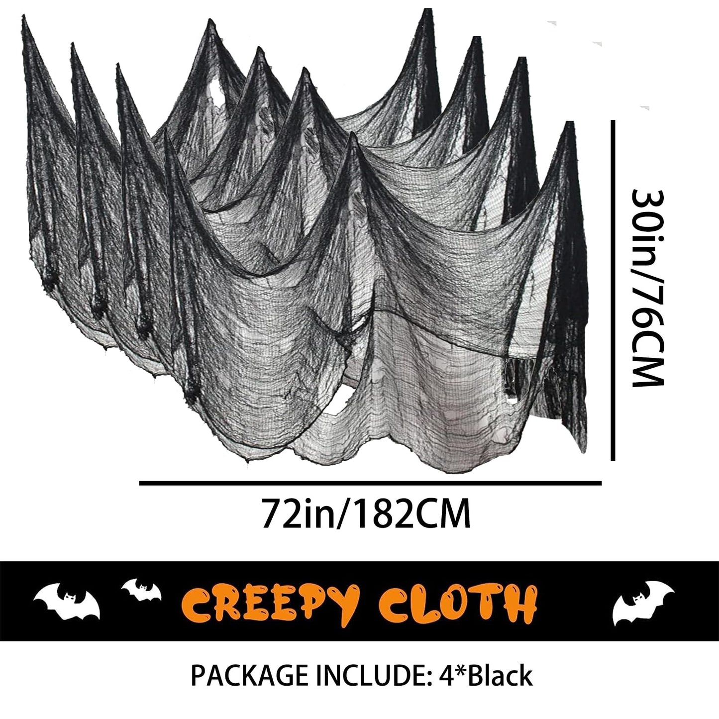 Kijamilee 4 Pack Halloween Creepy Cloths, Scary Spooky Cloth Creepy Gauze, 30 x 72inch Freaky Loose Weave Creepy Cloth, Decorations for Haunted Houses Props Halloween Wall Outdoor Indoor Decor (Black)