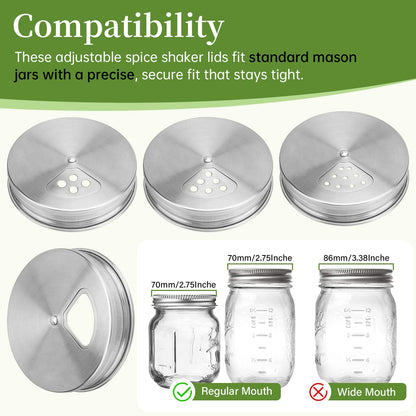 4-Pack Stainless Steel Adjustable Spice Shaker Lids for Regular Mouth Mason Jars, with 4 Bonus Silicone Sealing Rings – Dual Shaker/Pour Tops for Seasoning, Salt & Pepper Storage