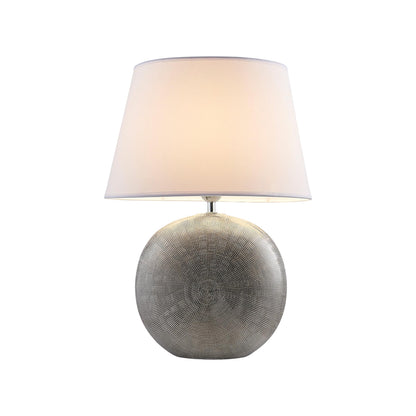Lucande 19" Modern Ceramic Table Lamp, Silver Jar-Style Base with White Fabric Shade, Elegant Bedside Lamp for Nightstand or Living Room, E26 Base Bulb Not Included
