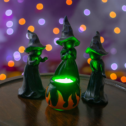 NEROSUN 4 PCS Halloween Miniature Witches Cauldron Figurine Table Decoration, Resin Scary Witches Lighted up Cauldron, Halloween Festival Supplies Indoor Outdoor Shelf Fireplace Home Decor