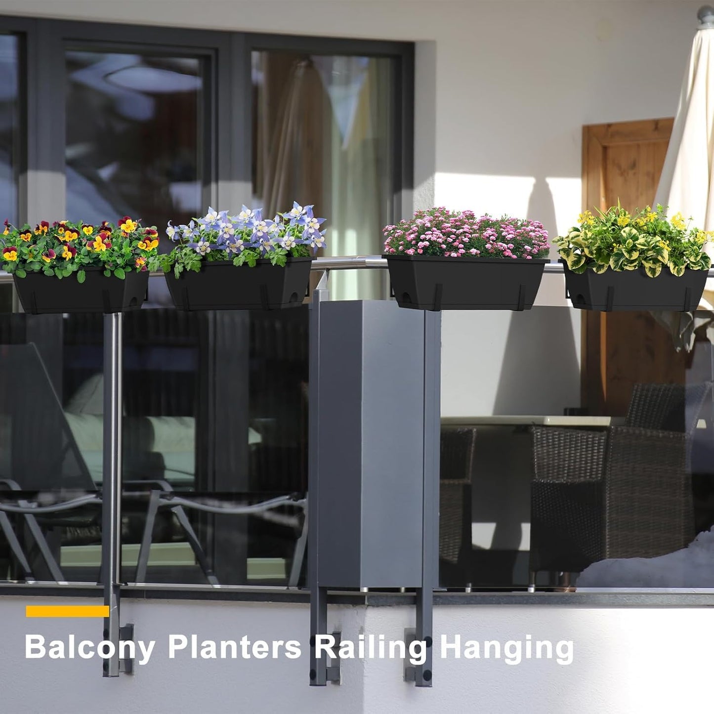 FANSXIVITA Balcony Planters Railing Hanging, Deck Railings Planter Boxes 16.9in, Railing Planter Box, Deck Planters for Railings, Railing Flower Box with Metal Brackets, Black (4Pcs)