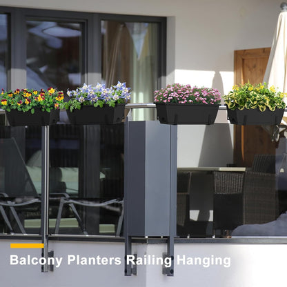 FANSXIVITA Balcony Planters Railing Hanging, Deck Railings Planter Boxes 16.9in, Railing Planter Box, Deck Planters for Railings, Railing Flower Box with Metal Brackets, Black (4Pcs)