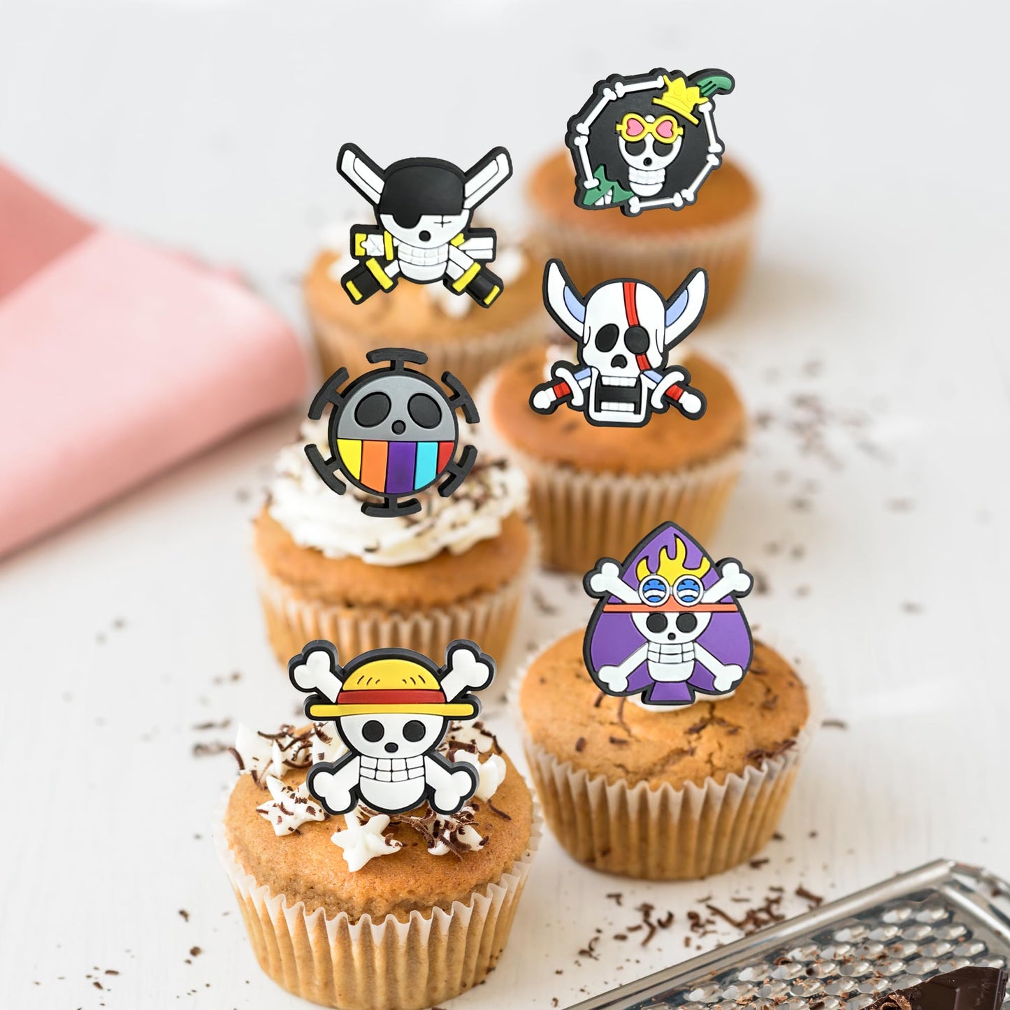 Mosytiay 24 PCS Anime Skull Cupcake Rings Toppers Pirate Themed Cupcake Toppers 6 Style Skeleton Cake Decorations for Skull Theme Baby Shower Birthday Halloween Pirate Party Cake Decorations Supplies