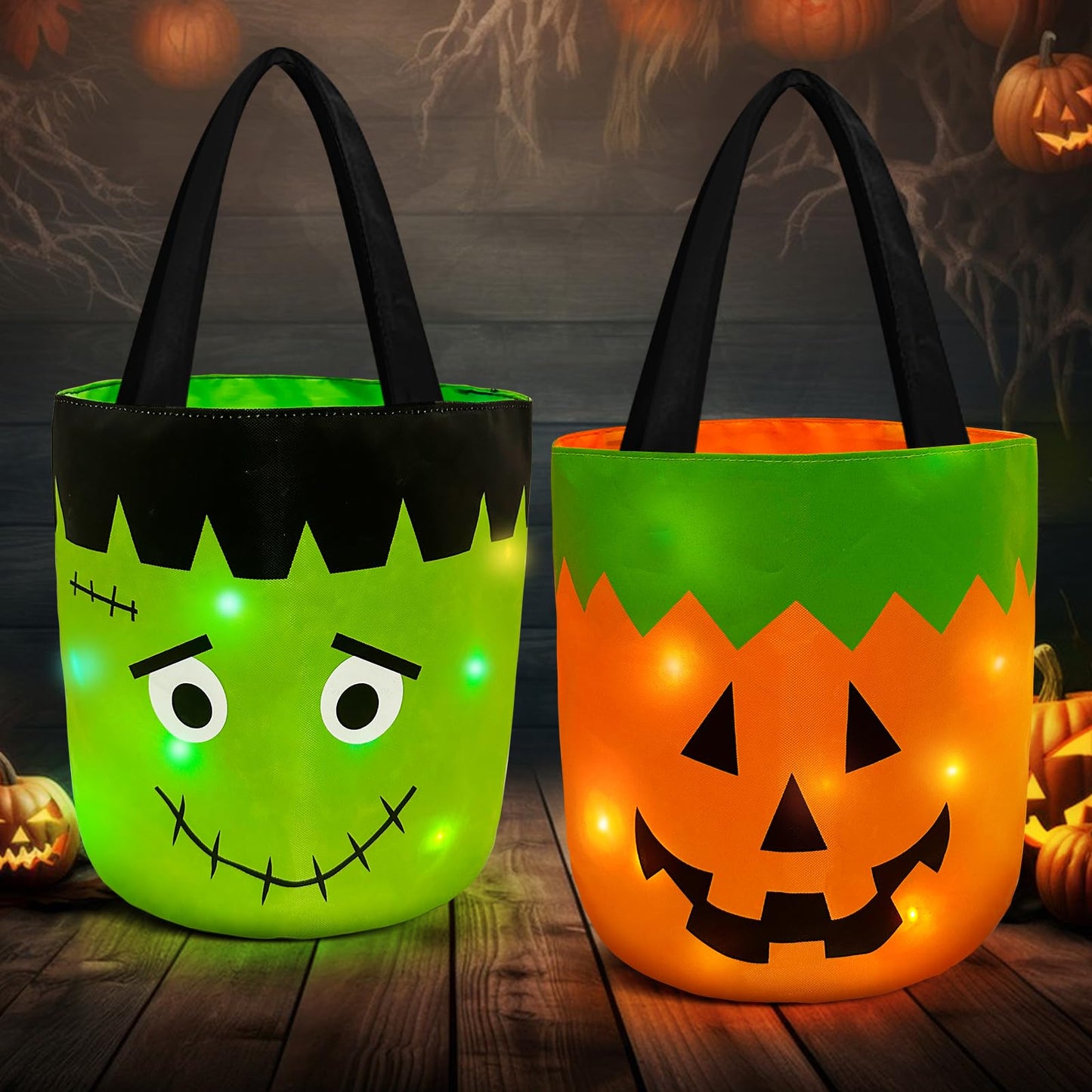 Jemgmonn 2 Pieces Halloween Candy Bucket with LED Light Trick or Treat Buckets Halloween Reusable Pumpkin Green Monster Candy Gift Baskets Party Supplies Favors (Orange & Green)