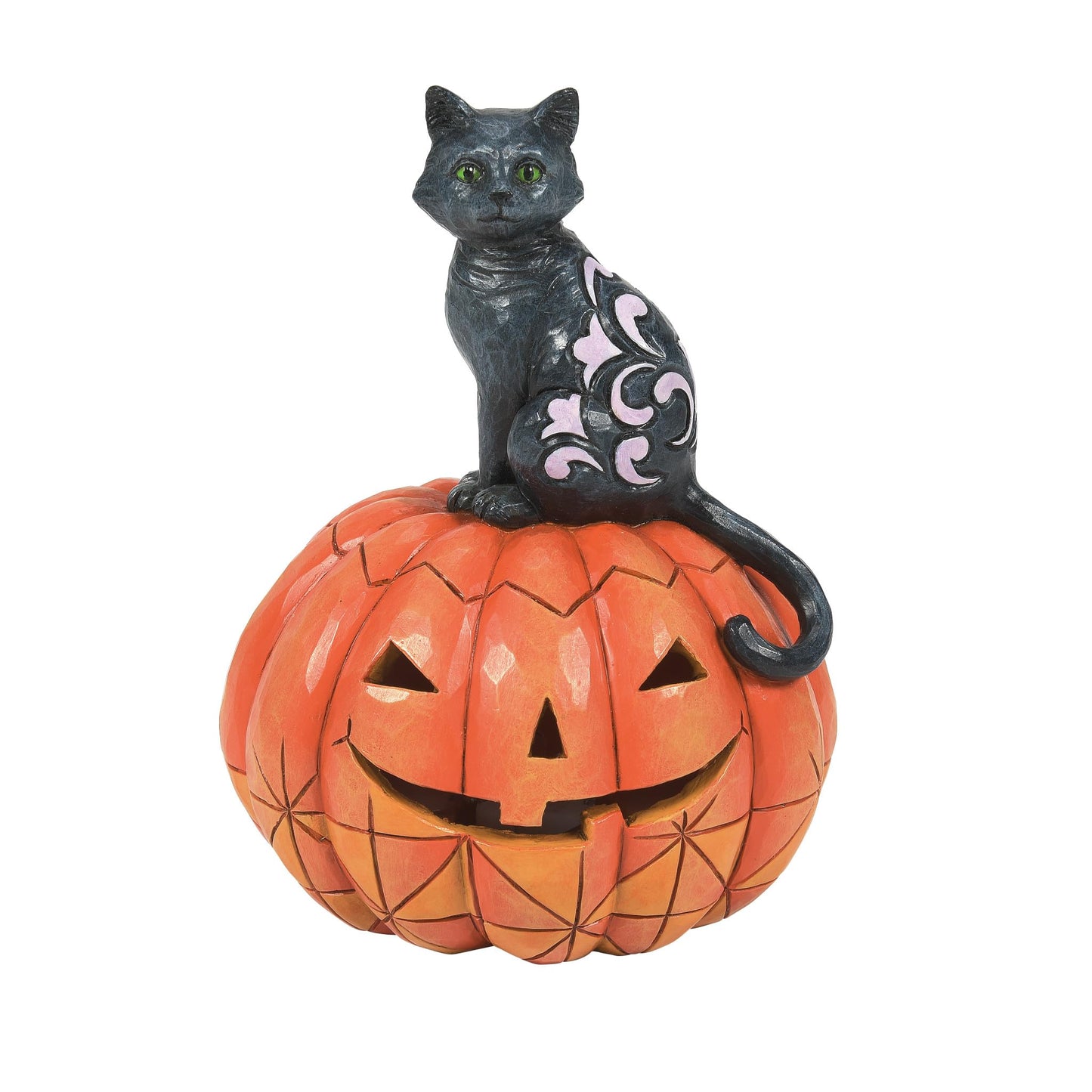 Enesco Jim Shore Heartwood Creek Halloween Black Cat Sitting on Pumpkin Lit Figurine- Stone Resin Hand Painted Crafted Collectible Halloween Figurines with Lights Home Decor Statue, 5.04 Inch