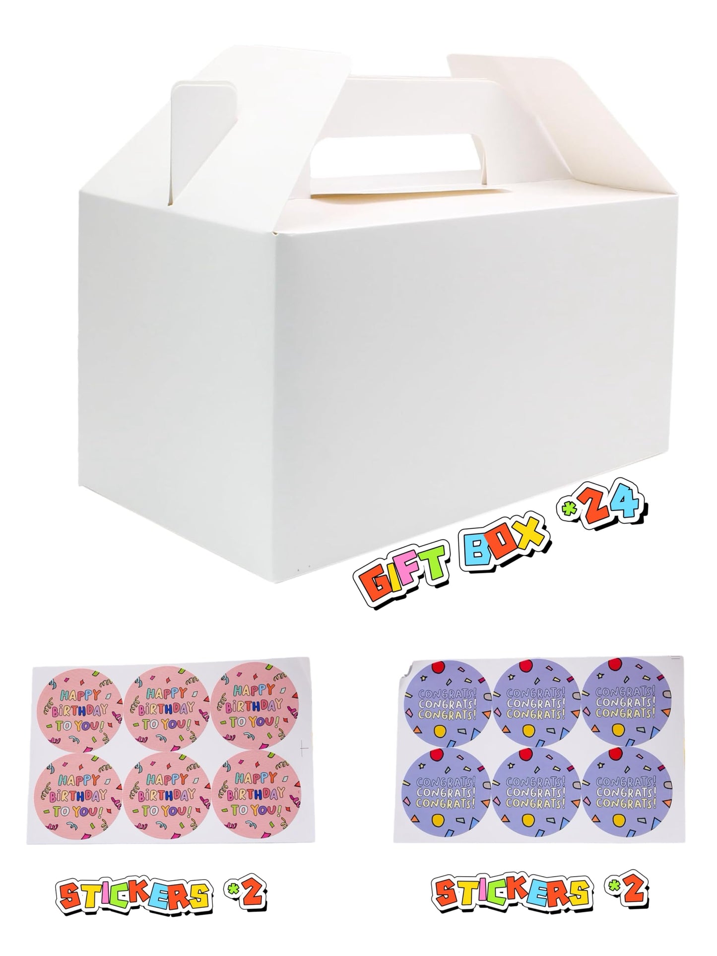 Treelement 24 Pack White Gable Boxes with Handle and Stickers,6×3.5×3.5 Inch Goodie Treat Boxes for Cookie, Party Favors,Birthday,Graduation,Lunch,Holiday Gifting