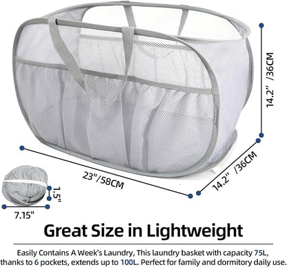 2 Pack Collapsible Laundry Baskets, Upgrade Pop Up Laundry Hamper with Convenient Bags, Foldable Laundry Basket Mesh Light Weight, Easy to Carry Clothes Hampers for Laundry, Dorm, Toys, Travel Grey