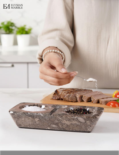 Marble Salt and Pepper Dish with Spoon, Handcrafted Double Spice Tray with 2 Compartments, Natural Stone Condiment Dish for Cooking Prep and Serving - Oceanic Grey
