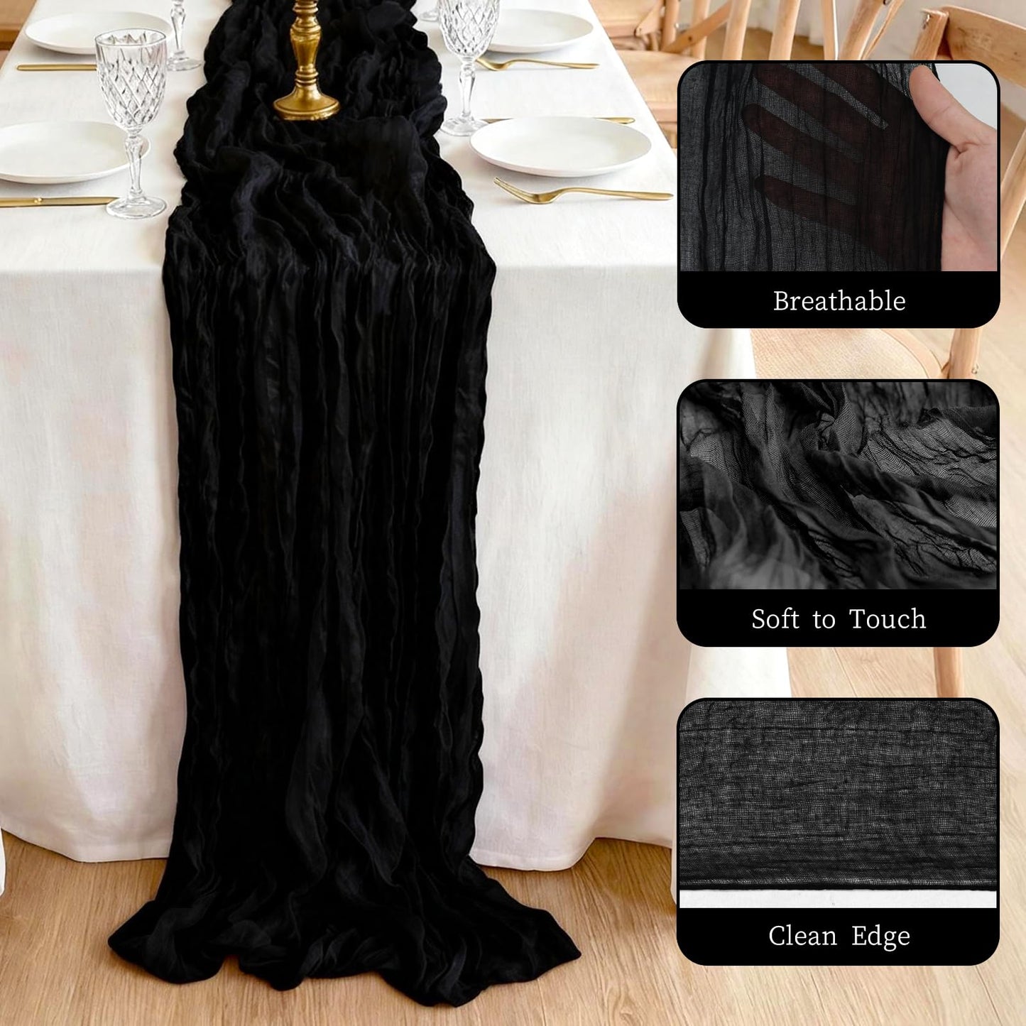3 Pcs Black Cheesecloth Table Runner 35"×120" - 10FT Halloween Gauze Sheer Table Runner,Boho Rustic Table Runner,Table Decorations for Graduation, Birthday, Holiday Decor