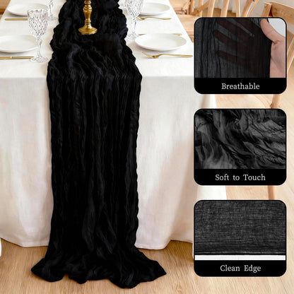 3 Pcs Black Cheesecloth Table Runner 35"×120" - 10FT Halloween Gauze Sheer Table Runner,Boho Rustic Table Runner,Table Decorations for Graduation, Birthday, Holiday Decor