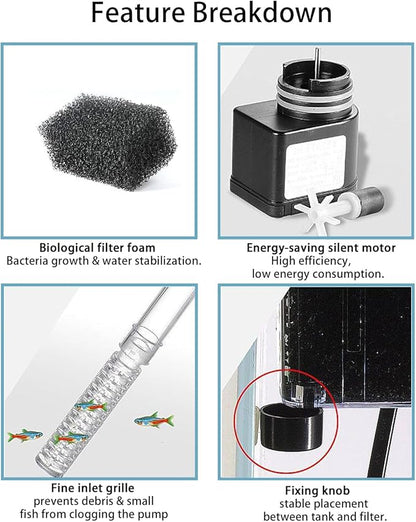 Small Fish Tank Filter, Hang on Filter for 1-5 Gal Nano Aquarium, Ultra Quiet Power Filter with Aeration & Oil Skimmer, Adjustable Flow for Betta Shrimp Tank