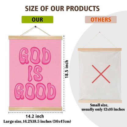 You found a duck God Is Good Wall Art Poster,Pink Bubble Letter Christian Wall Art Decor for Bedroom Nursery Playroom,Inspirational Bible Verse Canvas Hanging Poster 14x18.5Inch (LKY02)