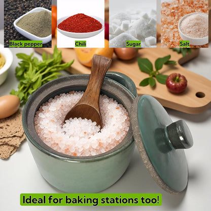 Vziokk Speckled Ceramic Salt Cellar with Lid, Countertop Salt Container, Sugar Bowl, Heavyweight Spices Jar, Rustic Farmhouse Salt Pepper for Storage Powde, Sugar, Salt (Green)